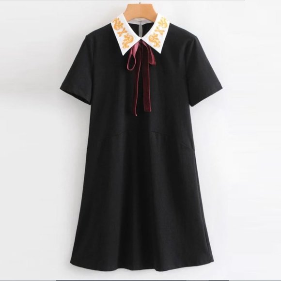 Zara Dresses & Skirts - ZARA Black White Collar Pussy Bow Smock Mini Dress